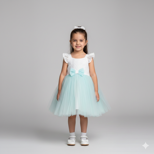 فستان بناتي بصلي وتركواز فيونكة